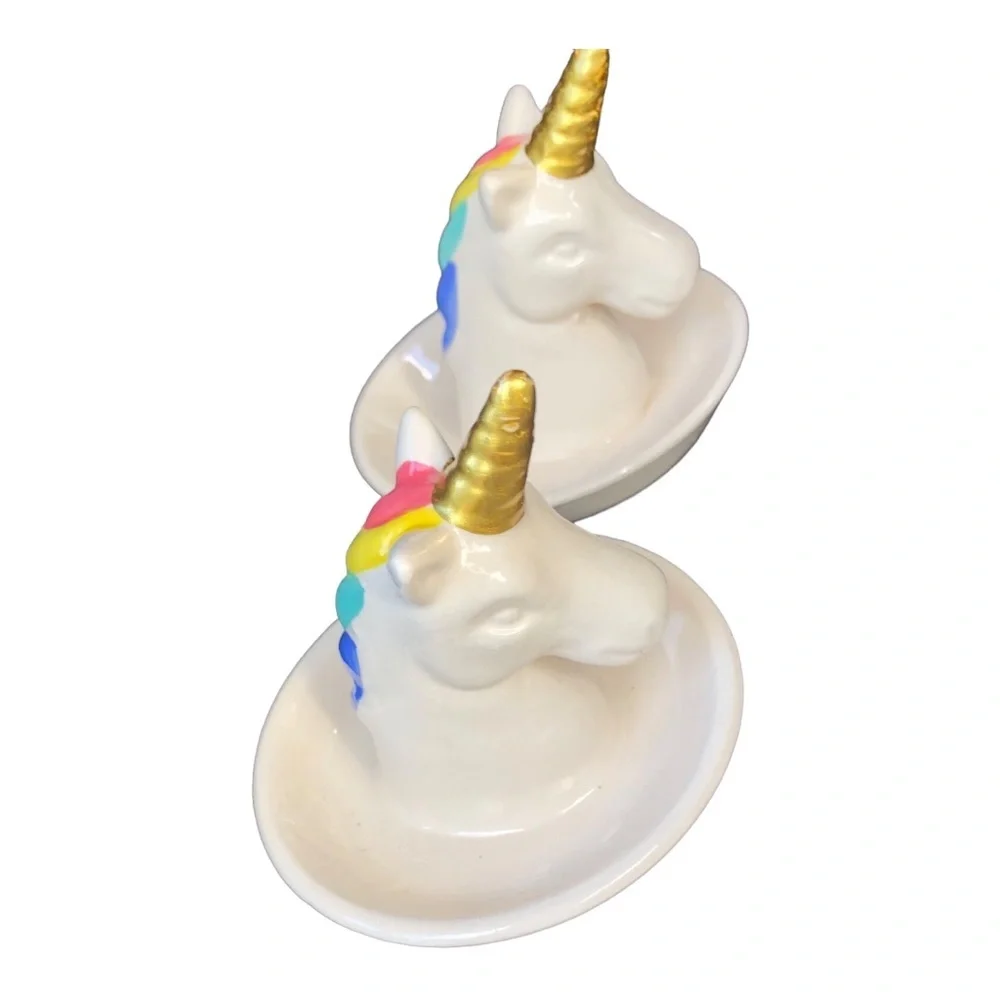 2 ivory ceramic rainbow gold unicorn horn ring jewelry holders new‎